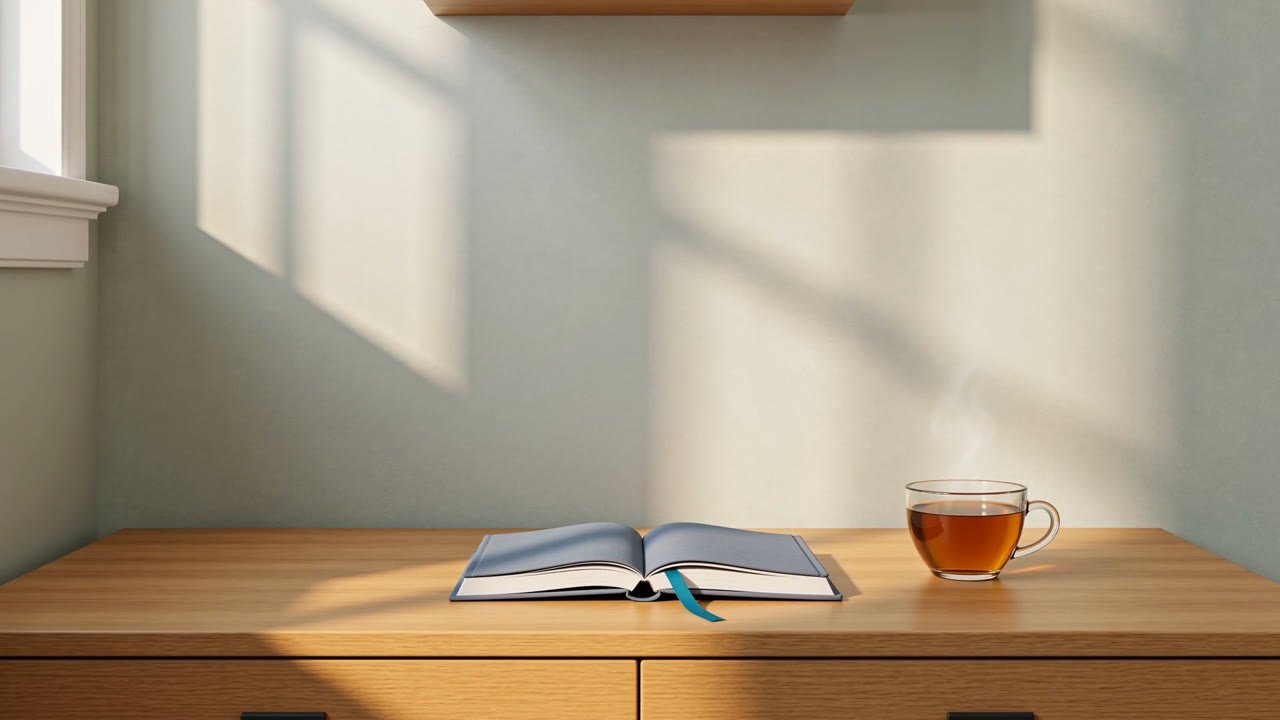 An open guide with a teal ribbon bookmark beside a cup of tea on a sunlit oak desk