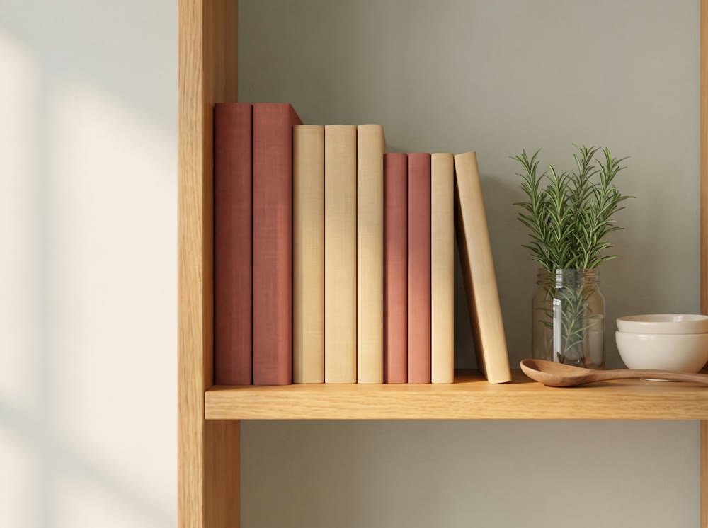 A sunlit oak shelf of clay and wheat colored guides beside a jar of rosemary and a wooden spoon